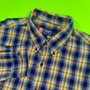 Chaps Ralph Lauren Men XL Plaid Button Down Shirt Blue Yellow Cotton Long Sleeve